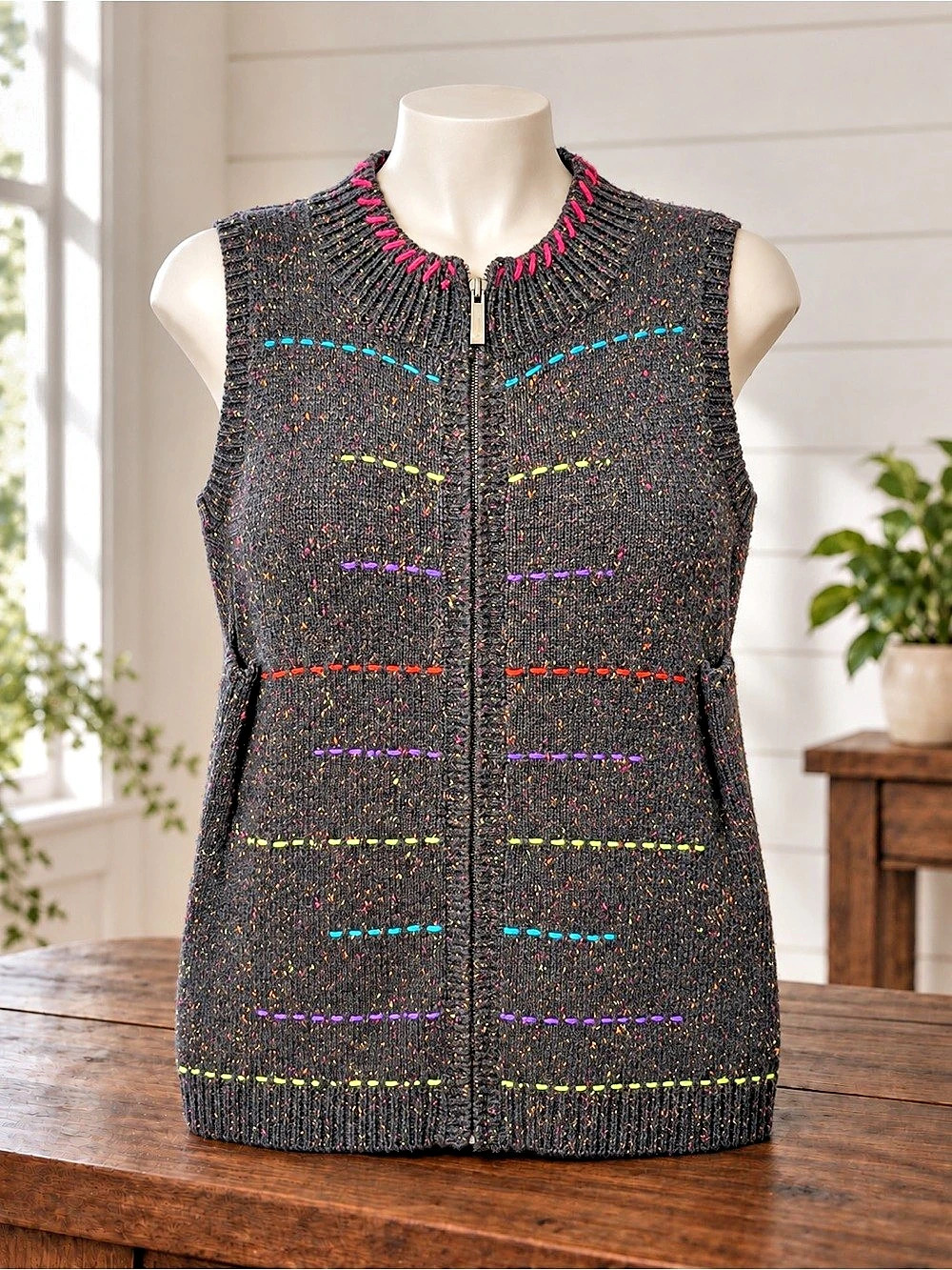Vintage Coldwater Creek Rainbow Dash Stitch Zip Sweater Vest Black & Pink Medium